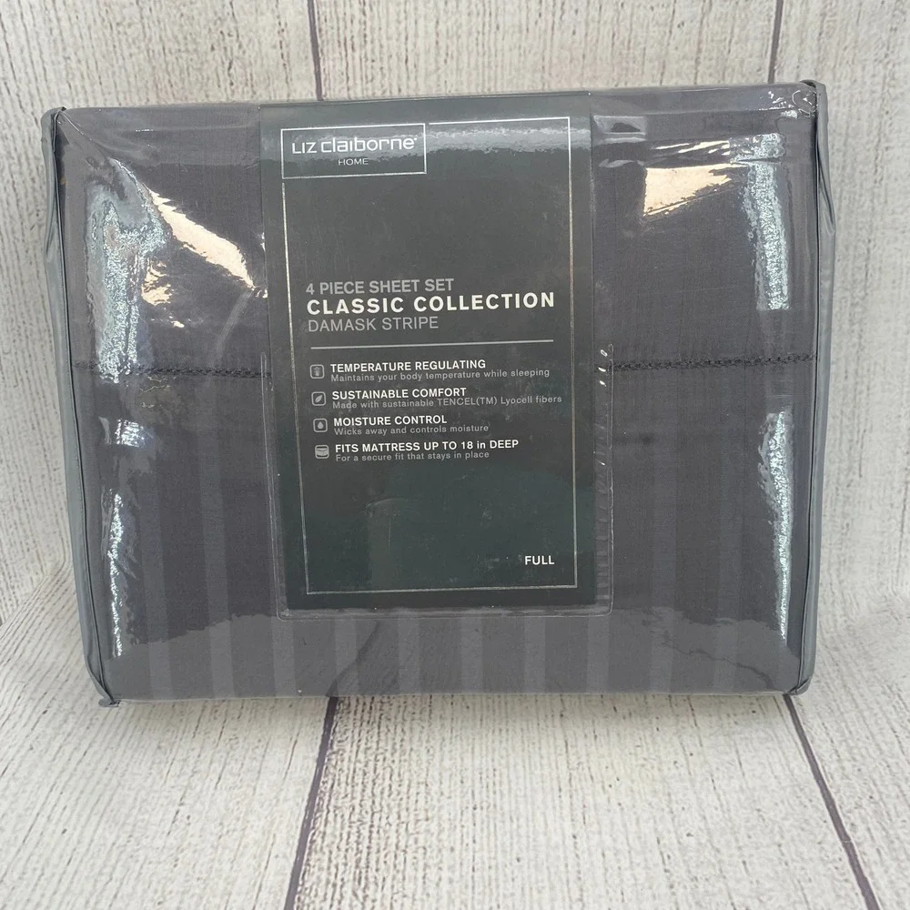 Liz Claiborne Sheet Set Full Techno Gray Damask Stripe Deep Pocket Minimalist